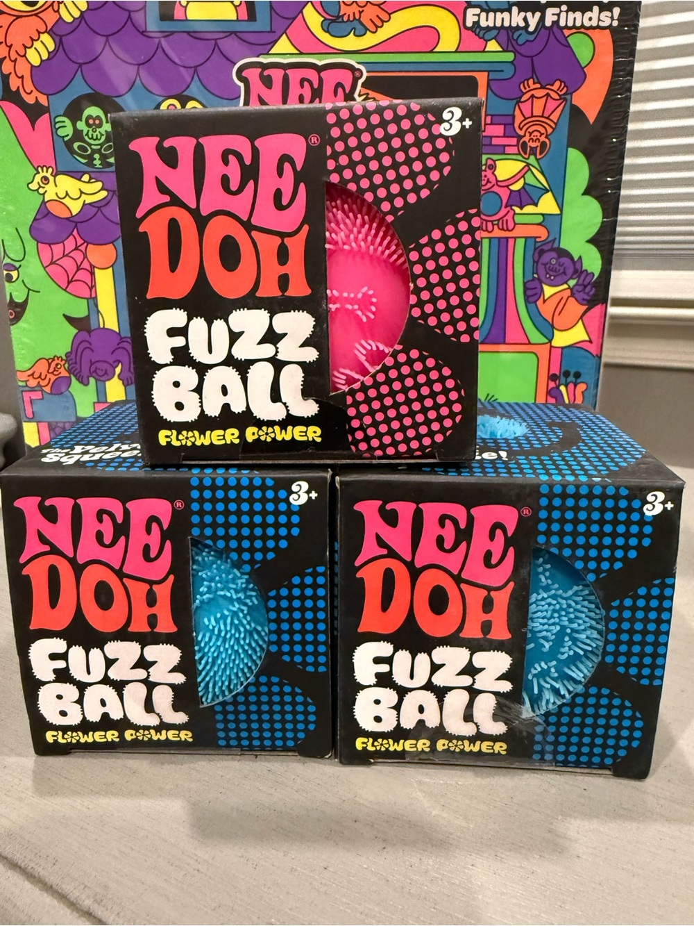 Needoh Flower Power Fuzz Ball Sensory Toy - Pink & Blue. Listing is for 1 only!